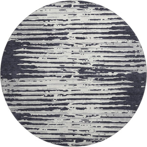 HomeRoots 8' Washable Black and Ivory Striped Round Rug with UV Protection for Stylish High-Traffic Spaces 670528
