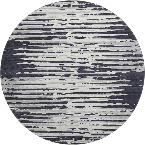 HomeRoots 8' Washable Black and Ivory Striped Round Rug with UV Protection for Stylish High-Traffic Spaces 670528