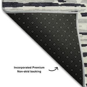 HomeRoots 8' Washable Black and Ivory Striped Round Rug with UV Protection for Stylish High-Traffic Spaces 670528