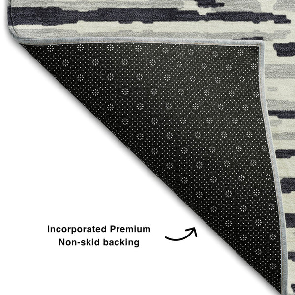 HomeRoots 8' Washable Black and Ivory Striped Round Rug with UV Protection for Stylish High-Traffic Spaces 670528