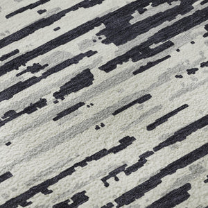 HomeRoots 8' Washable Black and Ivory Striped Round Rug with UV Protection for Stylish High-Traffic Spaces 670528