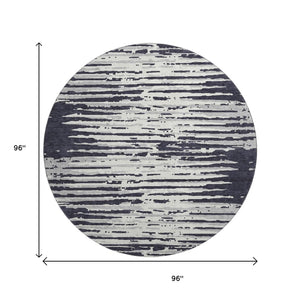 HomeRoots 8' Washable Black and Ivory Striped Round Rug with UV Protection for Stylish High-Traffic Spaces 670528