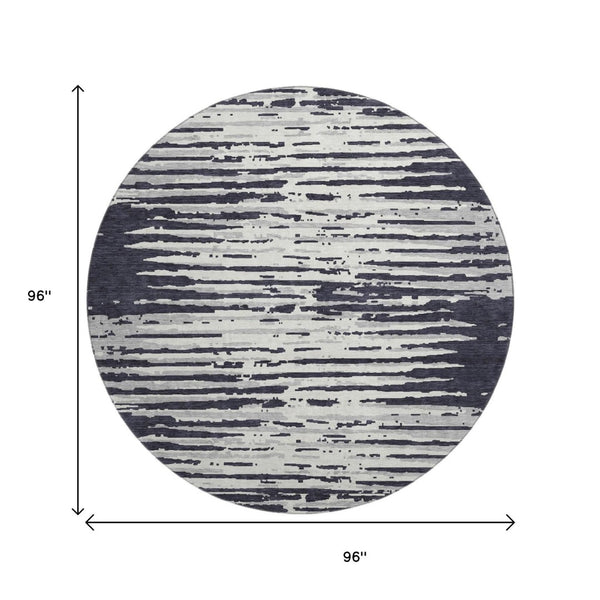 HomeRoots 8' Washable Black and Ivory Striped Round Rug with UV Protection for Stylish High-Traffic Spaces 670528