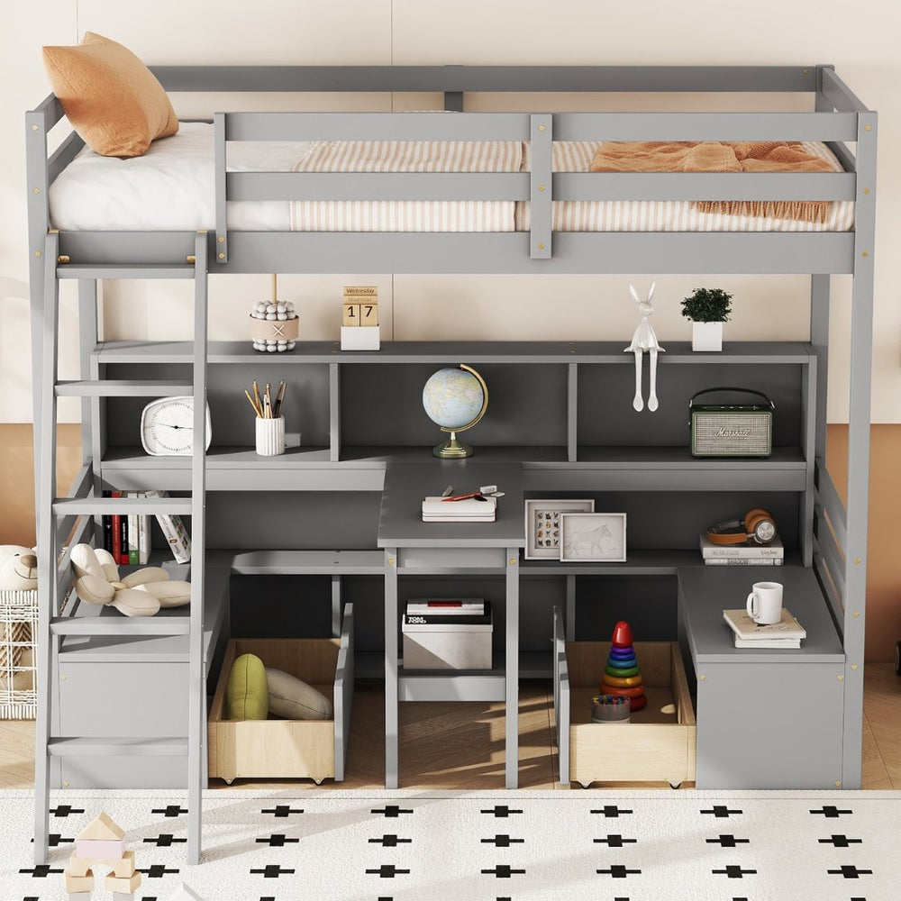 English Elm Twin Low Loft Bed with Pull Out Desk Drawers Cabinet and Shelves for Kids Grey W697S00035
