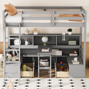 English Elm Twin Low Loft Bed with Pull Out Desk Drawers Cabinet and Shelves for Kids Grey W697S00035
