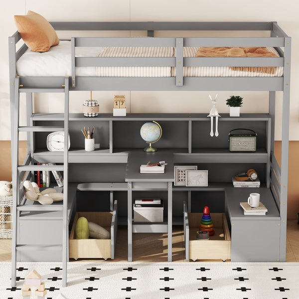 English Elm Twin Low Loft Bed with Pull Out Desk Drawers Cabinet and Shelves for Kids Grey W697S00035
