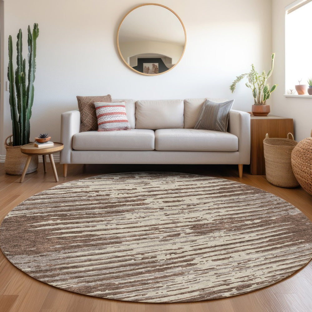 HomeRoots 8' Brown and Ivory Striped Round Rug – Washable, Stain-Resistant, UV Protected for Everyday Use! 670534