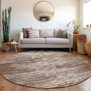 HomeRoots 8' Brown and Ivory Striped Round Rug – Washable, Stain-Resistant, UV Protected for Everyday Use! 670534