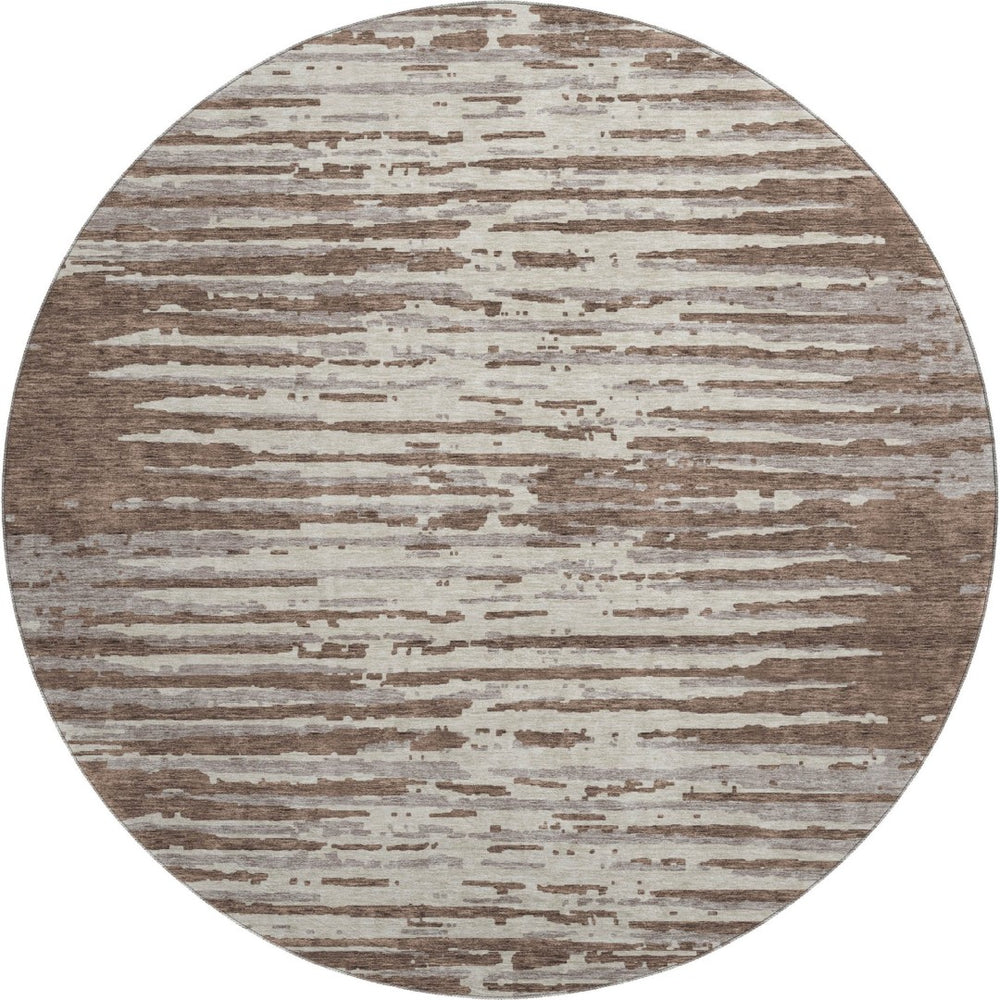 HomeRoots 8' Brown and Ivory Striped Round Rug – Washable, Stain-Resistant, UV Protected for Everyday Use! 670534