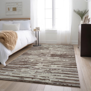 HomeRoots 8' X 10' Brown And Ivory Striped Area Rug - Washable, UV Protected, Durable & Stylish for Any Room 670535