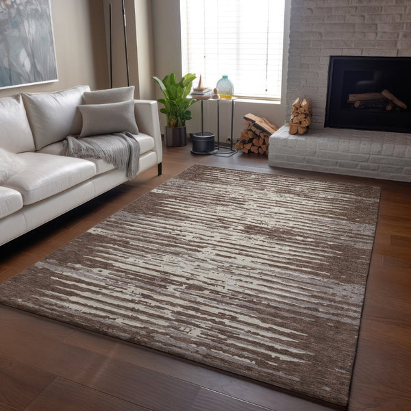 HomeRoots 8' X 10' Brown And Ivory Striped Area Rug - Washable, UV Protected, Durable & Stylish for Any Room 670535