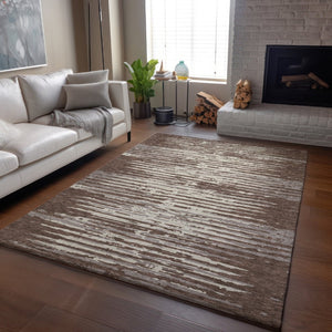 HomeRoots 9' X 12' Brown and Ivory Striped Washable Area Rug - UV Protected, Stain Resistant, Durable Design 670536