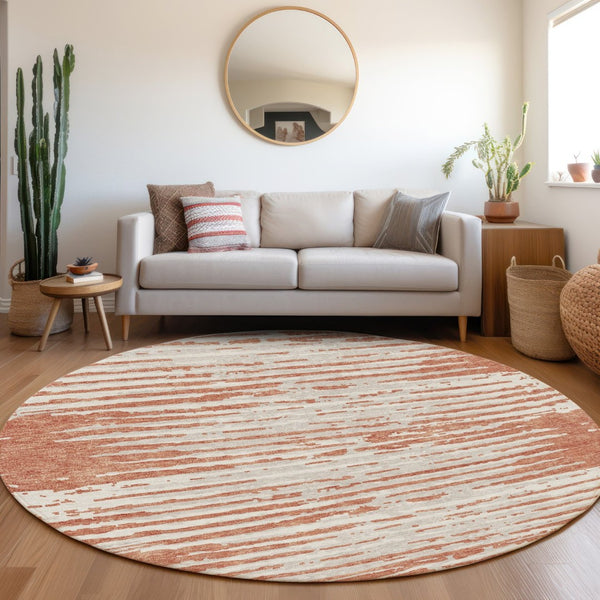 HomeRoots 8' Coral and Ivory Striped Round Rug – Durable, Washable, UV-Protected for Home & Outdoor Elegance 670540