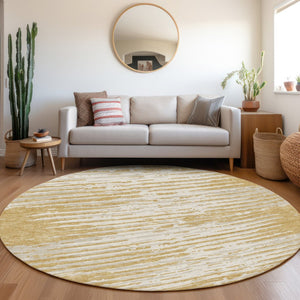 HomeRoots 8' Gold and Ivory Striped Washable Round Rug - Stylish, Durable, UV-Protected for Busy Homes! 670546