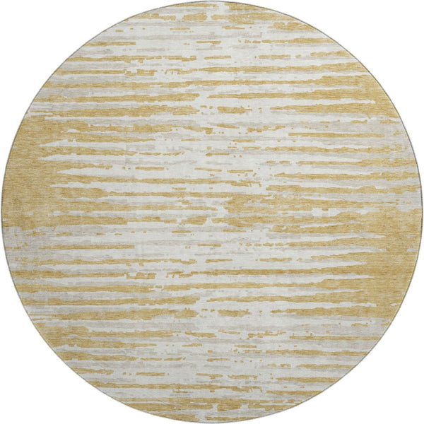 HomeRoots 8' Gold and Ivory Striped Washable Round Rug - Stylish, Durable, UV-Protected for Busy Homes! 670546