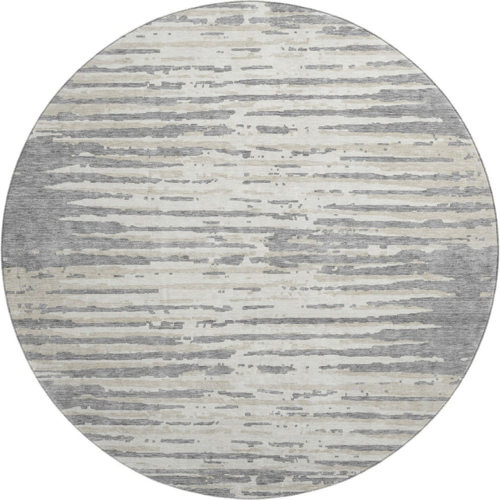 HomeRoots 8' Gray And Ivory Striped Washable Round Rug - Durable, Stylish, UV-Protected for Busy Homes & Kids 670552