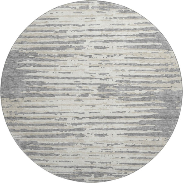 HomeRoots 8' Gray And Ivory Striped Washable Round Rug - Durable, Stylish, UV-Protected for Busy Homes & Kids 670552