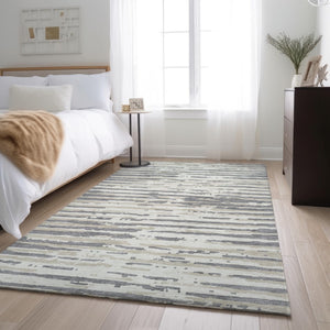 HomeRoots 9' X 12' Gray And Ivory Striped Washable Area Rug - Durable, Stain Resistant, UV Protected Design 670554