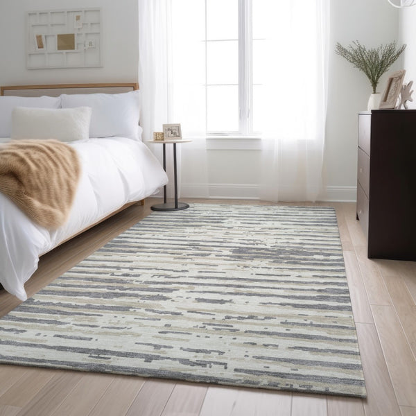 HomeRoots 9' X 12' Gray And Ivory Striped Washable Area Rug - Durable, Stain Resistant, UV Protected Design 670554
