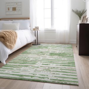 HomeRoots 5' X 8' Green And Ivory Striped Area Rug – Washable, UV-Protective, Durable & Ideal for High-Traffic Spaces 670557