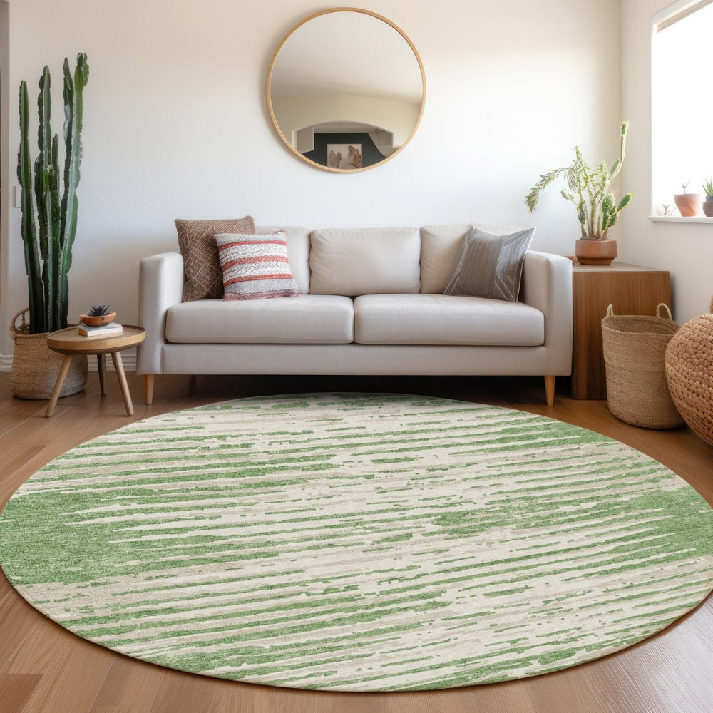 HomeRoots 8' Green and Ivory Striped Round Rug - Washable, UV-Protected, Durable for High-Traffic Areas 670558