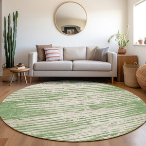 HomeRoots 8' Green and Ivory Striped Round Rug - Washable, UV-Protected, Durable for High-Traffic Areas 670558