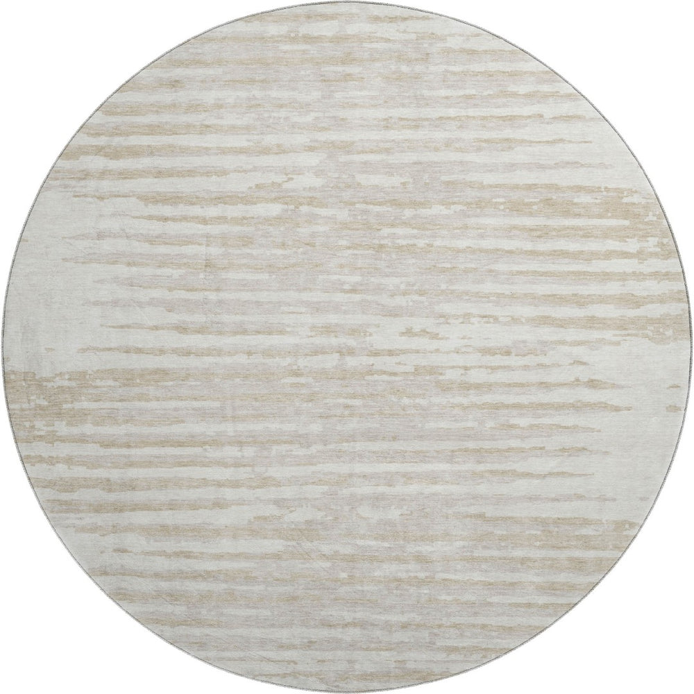 HomeRoots 8' Ivory and Beige Striped Washable Round Rug - Stylish, Durable, UV-Protected for Home & Patio Elegance 670564