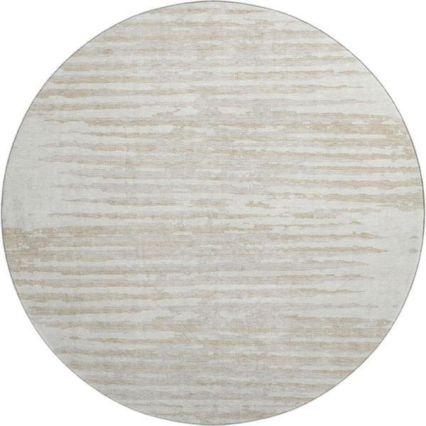 HomeRoots 8' Ivory and Beige Striped Washable Round Rug - Stylish, Durable, UV-Protected for Home & Patio Elegance 670564