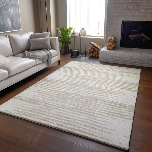 HomeRoots 10' X 14' Ivory and Beige Striped Washable Area Rug with UV Protection for High-Traffic Homes 670567