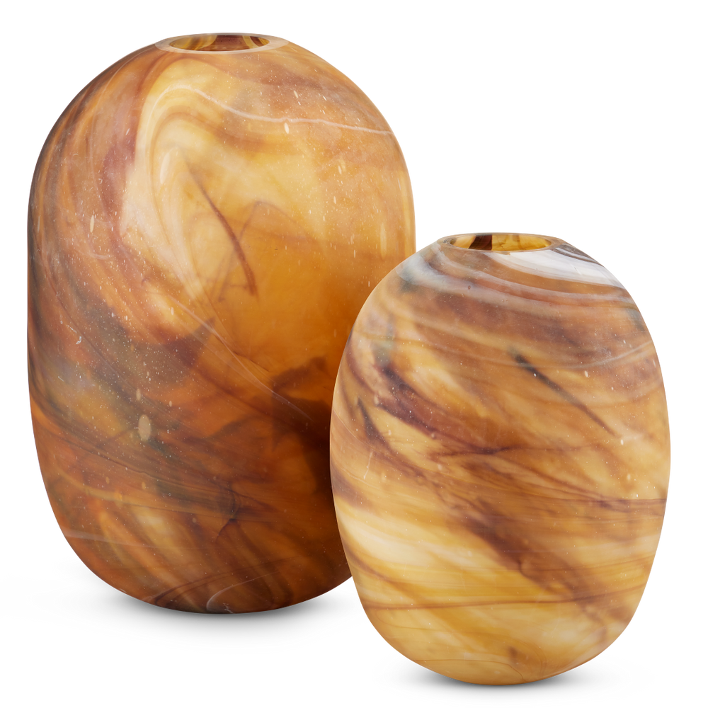 Desert Storm Vase Set of 2 - Unique Oblong Mouth-Blown Glass Vases with Dynamic Swirling Patterns