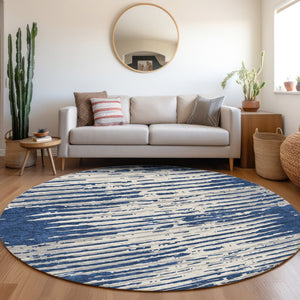 HomeRoots 8' Navy Blue Striped Round Rug – Washable, UV-Protected, Stylish & Stain-Resistant for Any Space 670570