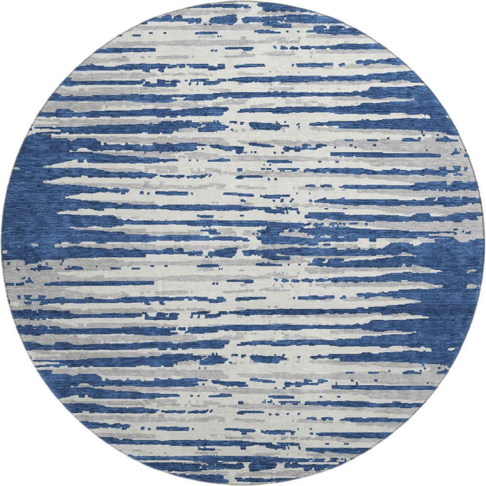 HomeRoots 8' Navy Blue Striped Round Rug – Washable, UV-Protected, Stylish & Stain-Resistant for Any Space 670570