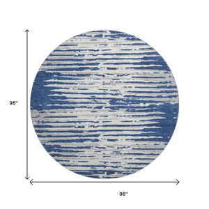 HomeRoots 8' Navy Blue Striped Round Rug – Washable, UV-Protected, Stylish & Stain-Resistant for Any Space 670570
