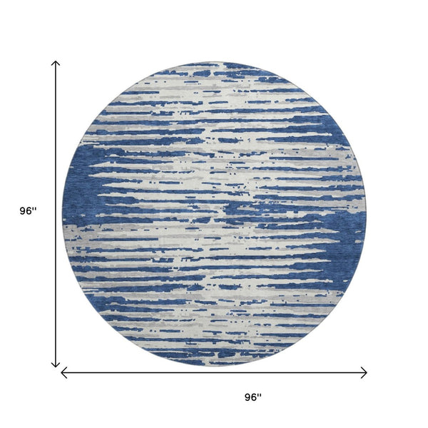 HomeRoots 8' Navy Blue Striped Round Rug – Washable, UV-Protected, Stylish & Stain-Resistant for Any Space 670570
