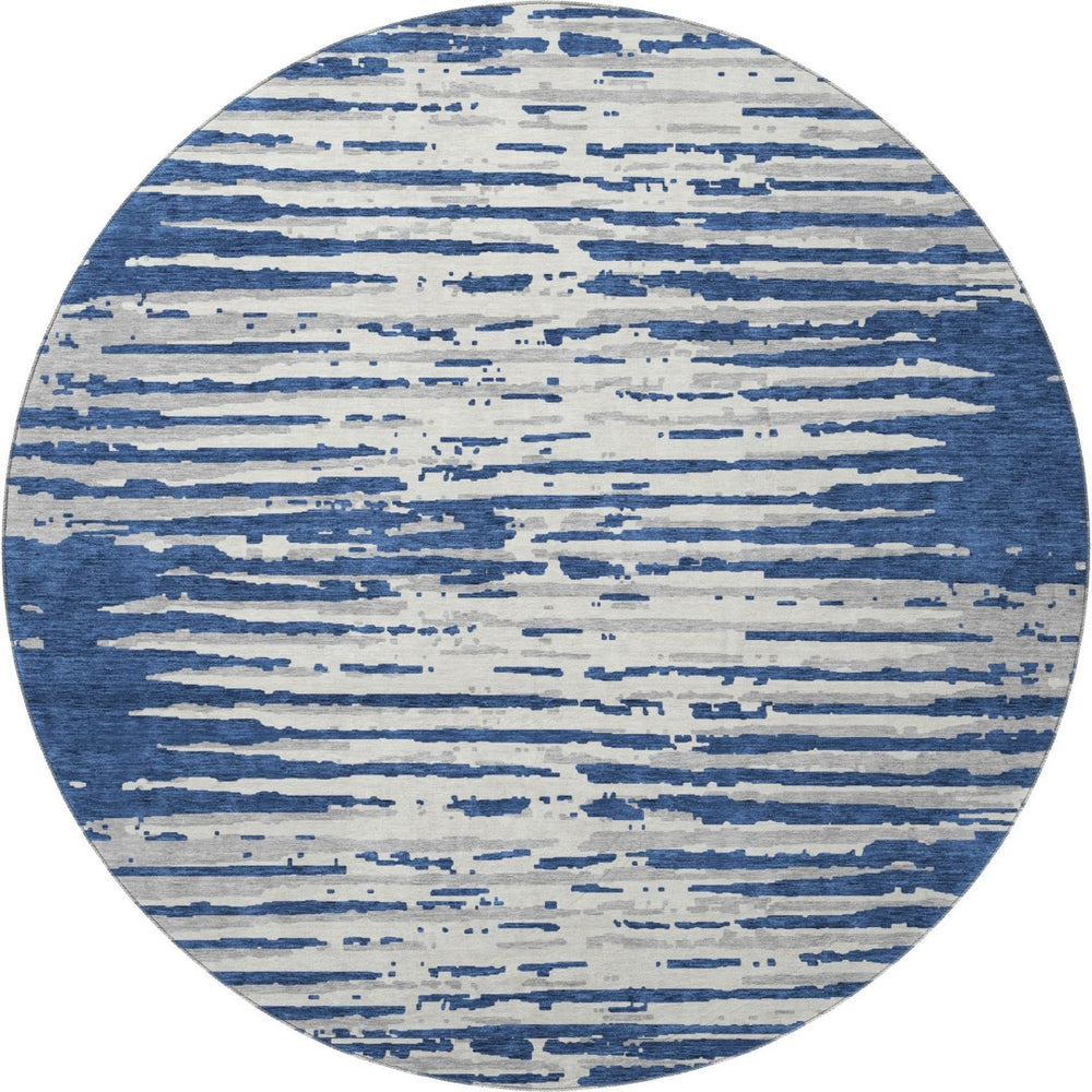 HomeRoots 8' Navy Blue Striped Round Rug – Washable, UV-Protected, Stylish & Stain-Resistant for Any Space 670570