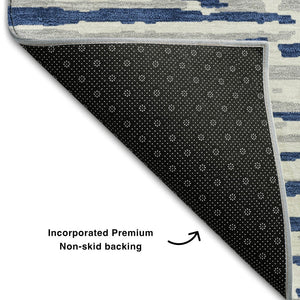 HomeRoots 9' X 12' Navy Blue & Ivory Striped Washable Area Rug with UV Protection - Durable & Stylish Décor! 670572