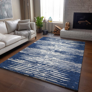 HomeRoots 9' X 12' Navy Blue & Ivory Striped Washable Area Rug with UV Protection - Durable & Stylish Décor! 670572