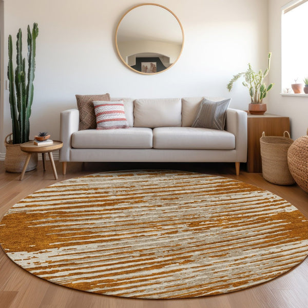 HomeRoots 8' Stylish Rust & Ivory Striped Round Rug – Washable, UV-Protected, Stain-Resistant for Easy Care 670576