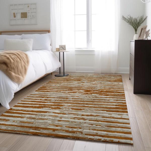 HomeRoots 8' X 10' Washable Rust and Ivory Striped Area Rug with UV Protection for Family Spaces, Easy Care 670577