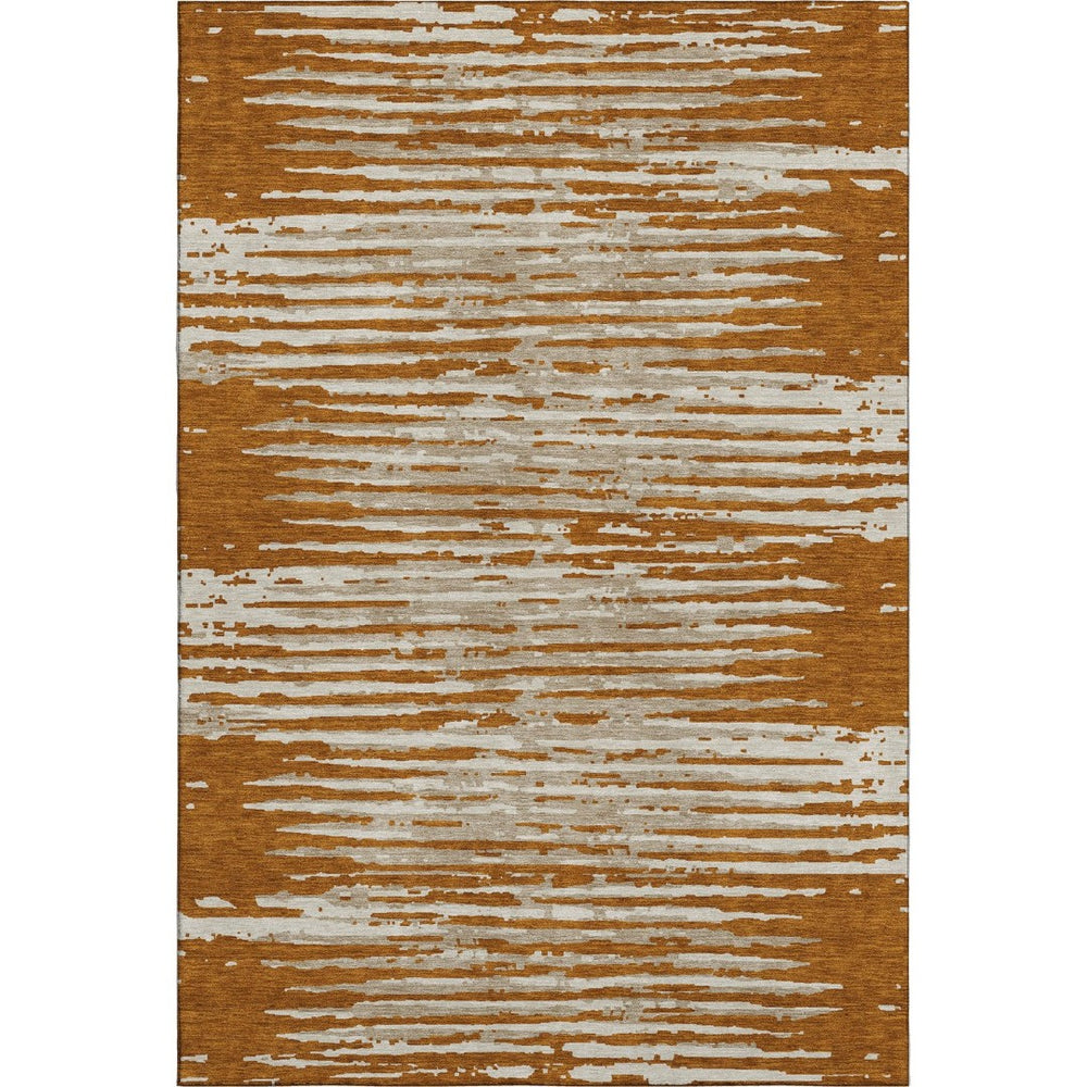 HomeRoots 9' X 12' Stylish Rust & Ivory Striped Washable Area Rug - Durable, Stain-Resistant, UV Protected! 670578