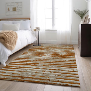 HomeRoots 10' X 14' Washable Rust & Ivory Striped Area Rug with UV Protection for Family-Friendly Spaces 670579