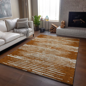 HomeRoots 10' X 14' Washable Rust & Ivory Striped Area Rug with UV Protection for Family-Friendly Spaces 670579