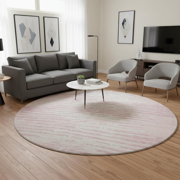 HomeRoots 8' Pink And Ivory Striped Round Rug - Washable, UV Protected, Durable, Perfect for High-Traffic Areas! 670582