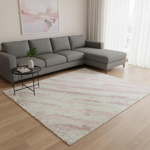 HomeRoots 10' Pink and Ivory Striped Washable Area Rug - Durable, UV-Protected, Ideal for Busy Homes & Pets 670585