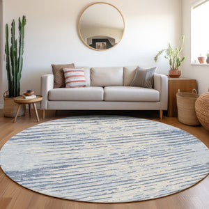 HomeRoots 8' Sky Blue And Ivory Striped Round Rug - Washable, UV Protected, Stain Resistant for Indoor & Outdoor Use 670588