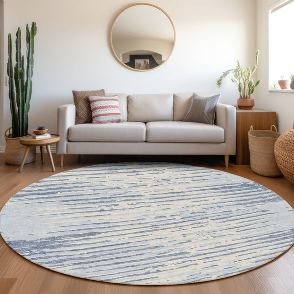 HomeRoots 8' Sky Blue And Ivory Striped Round Rug - Washable, UV Protected, Stain Resistant for Indoor & Outdoor Use 670588
