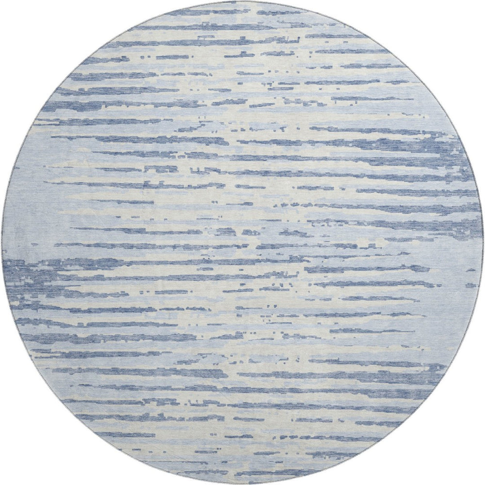 HomeRoots 8' Sky Blue And Ivory Striped Round Rug - Washable, UV Protected, Stain Resistant for Indoor & Outdoor Use 670588
