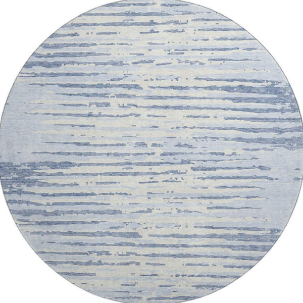 HomeRoots 8' Sky Blue And Ivory Striped Round Rug - Washable, UV Protected, Stain Resistant for Indoor & Outdoor Use 670588