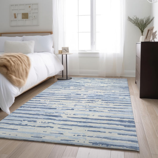 HomeRoots 9' X 12' Sky Blue Striped Area Rug - Machine-Washable, UV-Protected, Durable, Pet-Friendly Decor 670590