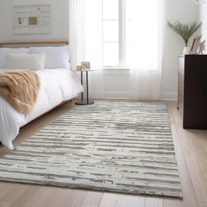 HomeRoots 5' X 8' Taupe And Ivory Striped Area Rug – Durable, Stain-Resistant, UV Protected for High-Traffic Use 670593